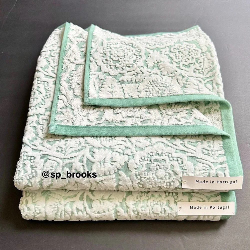 🎁6PC BIANCA Bath Towel Set - Floral Woven Terry Pattern Pastel Green & White